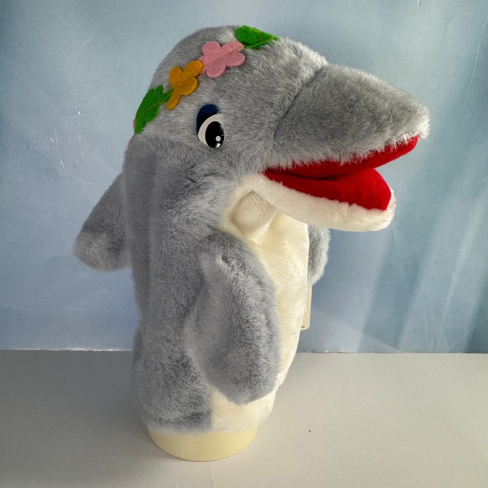 VTG Sea World Dolly Dolphin Puppet Squeaker Kids Grey Floral Shamu Plush Toy 80s